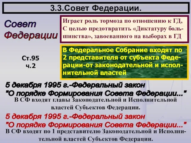 3.3.Совет Федерации. Совет Федерации Играет роль тормоза по отношению к ГД, С