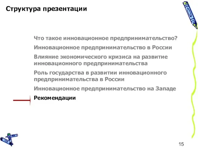 Структура презентации Что такое инновационное предпринимательство? Инновационное предпринимательство в России Влияние экономического