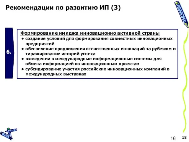 Рекомендации по развитию ИП (3) 6. Формирование имиджа инновационно активной страны создание