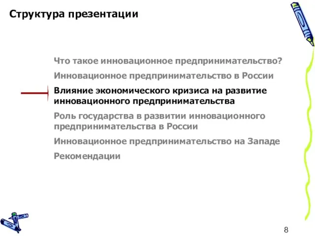 Структура презентации Что такое инновационное предпринимательство? Инновационное предпринимательство в России Влияние экономического