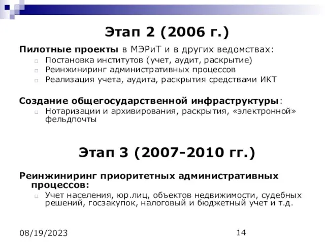 08/19/2023 Этап 2 (2006 г.) Пилотные проекты в МЭРиТ и в других