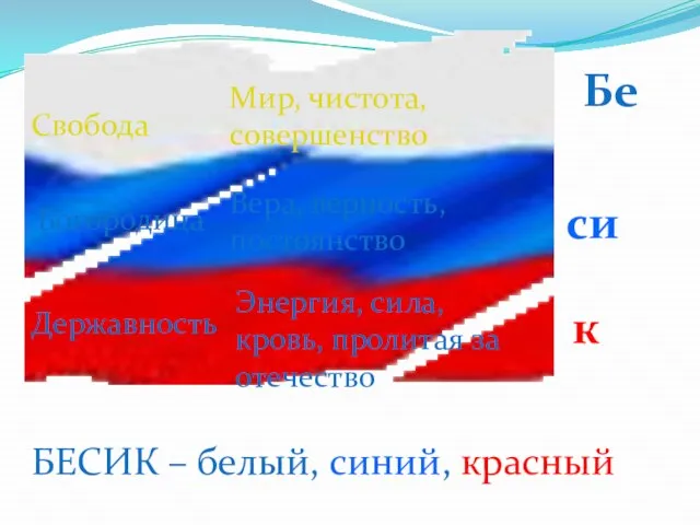 Свобода Богородица Державность Мир, чистота, совершенство Вера, верность, постоянство Энергия, сила, кровь,