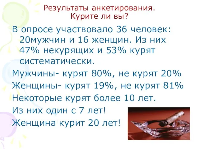 Результаты анкетирования. Курите ли вы? В опросе участвовало 36 человек: 20мужчин и