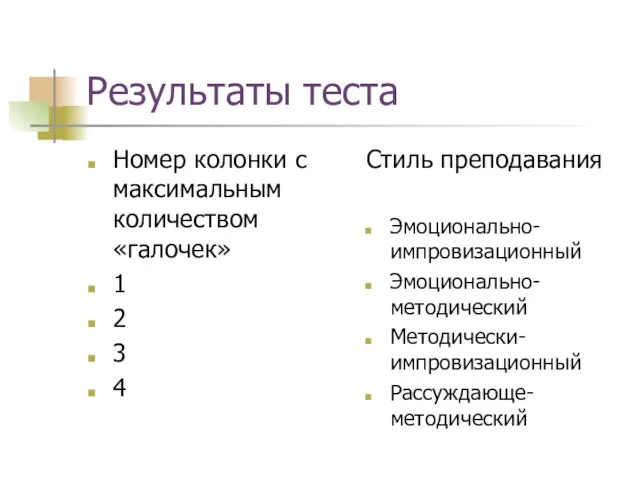 Результаты теста Номер колонки с максимальным количеством «галочек» 1 2 3 4