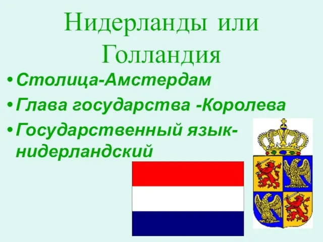 Нидерланды или Голландия Столица-Амстердам Глава государства -Королева Государственный язык- нидерландский