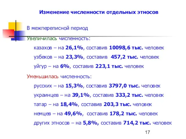 В межпереписной период Увеличилась численность: казахов – на 26,1%, составив 10098,6 тыс.