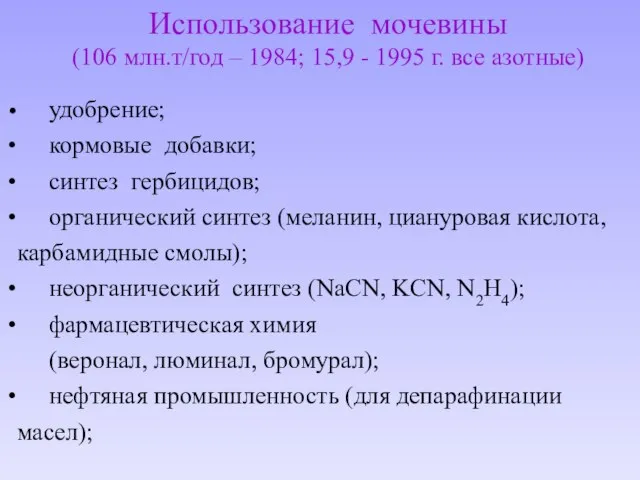 Использование мочевины (106 млн.т/год – 1984; 15,9 - 1995 г. все азотные)