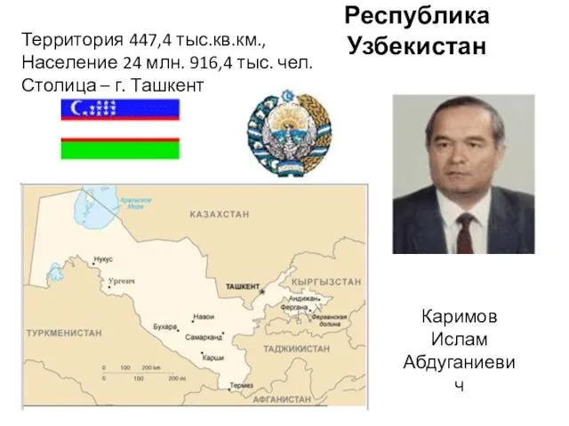 Республика Узбекистан Каримов Ислам Абдуганиевич Территория 447,4 тыс.кв.км., Население 24 млн. 916,4