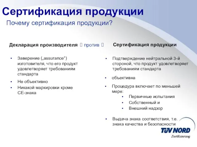 Почему сертификация продукции? Сертификация продукции Сертификация продукции Декларация производителя Заверение („assurance“) изготовителя,