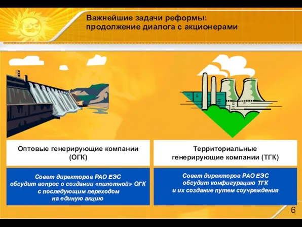 Важнейшие задачи реформы: продолжение диалога с акционерами Оптовые генерирующие компании (ОГК) Территориальные