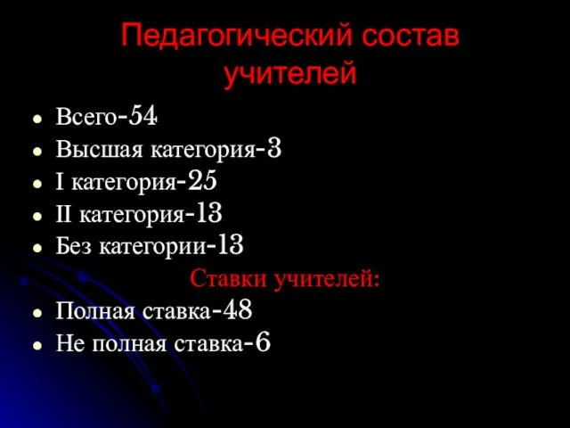 Педагогический состав учителей Всего-54 Высшая категория-3 І категория-25 ІІ категория-13 Без категории-13