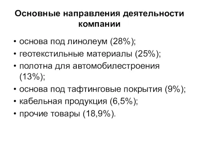 Основные направления деятельности компании основа под линолеум (28%); геотекстильные материалы (25%); полотна