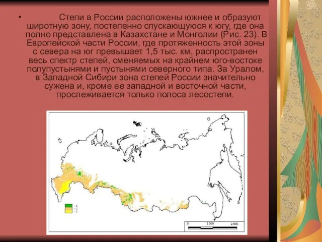Степи в России расположены южнее и образуют широтную зону, постепенно спускающуюся к