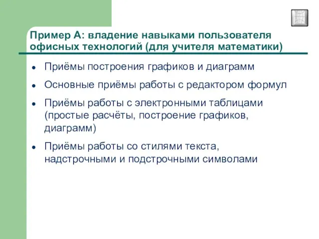 Пример А: владение навыками пользователя офисных технологий (для учителя математики) Приёмы построения