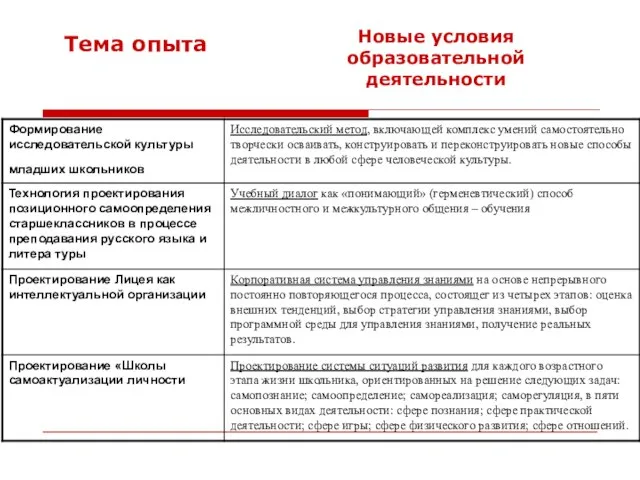 Тема опыта Новые условия образовательной деятельности