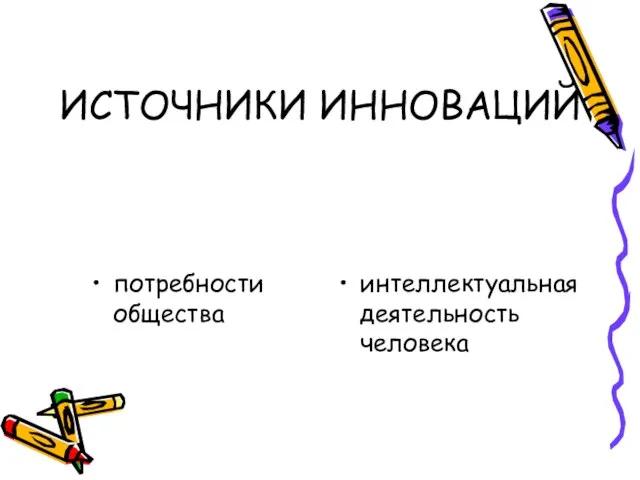 ИСТОЧНИКИ ИННОВАЦИЙ потребности общества интеллектуальная деятельность человека