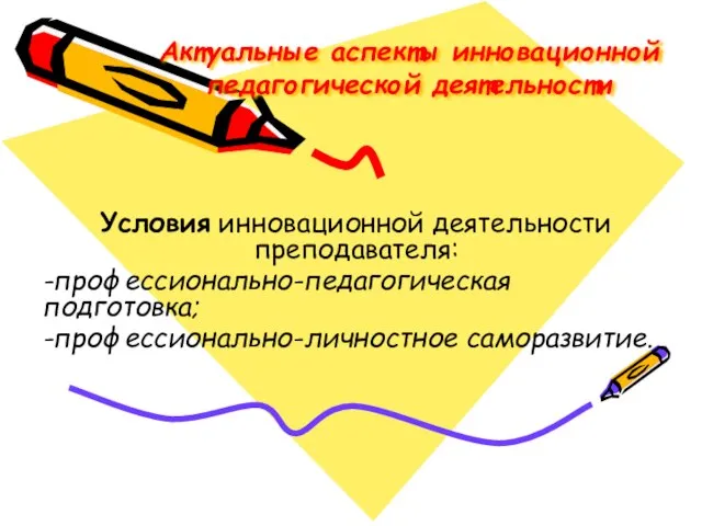 Актуальные аспекты инновационной педагогической деятельности Условия инновационной деятельности преподавателя: -профессионально-педагогическая подготовка; -профессионально-личностное саморазвитие.