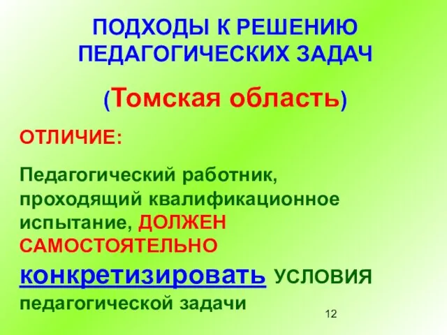 ПОДХОДЫ К РЕШЕНИЮ ПЕДАГОГИЧЕСКИХ ЗАДАЧ (Томская область) ОТЛИЧИЕ: Педагогический работник, проходящий квалификационное