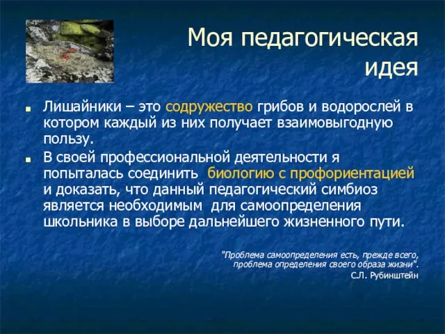 Моя педагогическая идея Лишайники – это содружество грибов и водорослей в котором