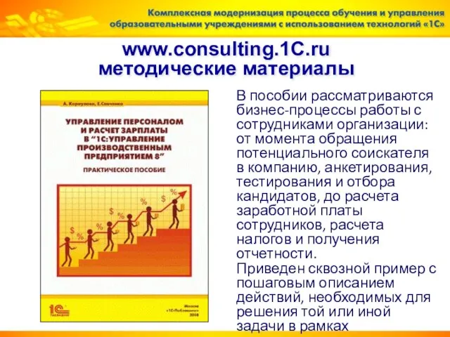 www.consulting.1C.ru методические материалы В пособии рассматриваются бизнес-процессы работы с сотрудниками организации: от