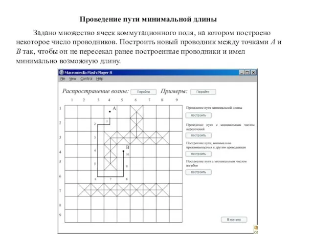 Проведение пути минимальной длины Задано множество ячеек коммутационного поля, на котором построено