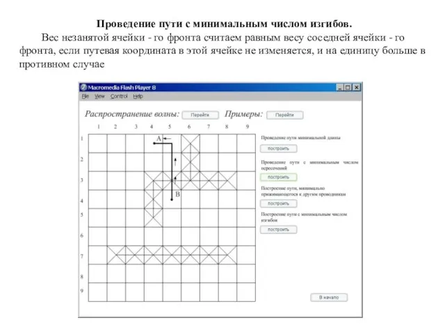 Проведение пути с минимальным числом изгибов. Вес незанятой ячейки - го фронта