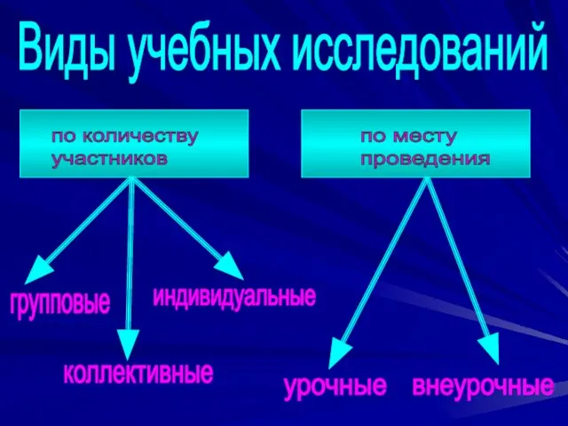 Виды учебных исследований по количеству участников по месту проведения групповые коллективные индивидуальные урочные внеурочные