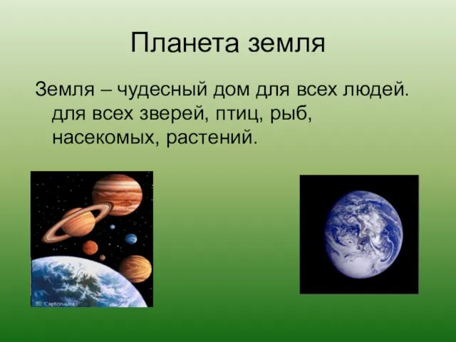 Планета земля Земля – чудесный дом для всех людей. для всех зверей, птиц, рыб, насекомых, растений.