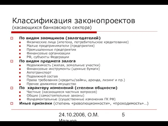 24.10.2006, О.М. Иванов Классификация законопроектов (касающихся банковского сектора) По видам заемщиков (залогодателей)