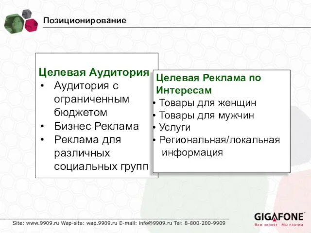 Позиционирование Целевая Аудитория Аудитория с ограниченным бюджетом Бизнес Реклама Реклама для различных