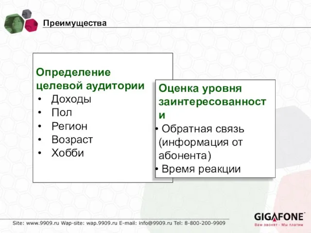 Преимущества Определение целевой аудитории Доходы Пол Регион Возраст Хобби Оценка уровня заинтересованности