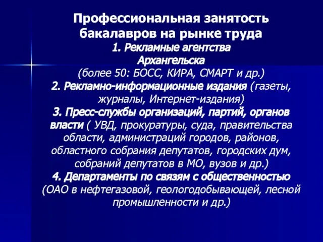 Профессиональная занятость бакалавров на рынке труда 1. Рекламные агентства Архангельска (более 50: