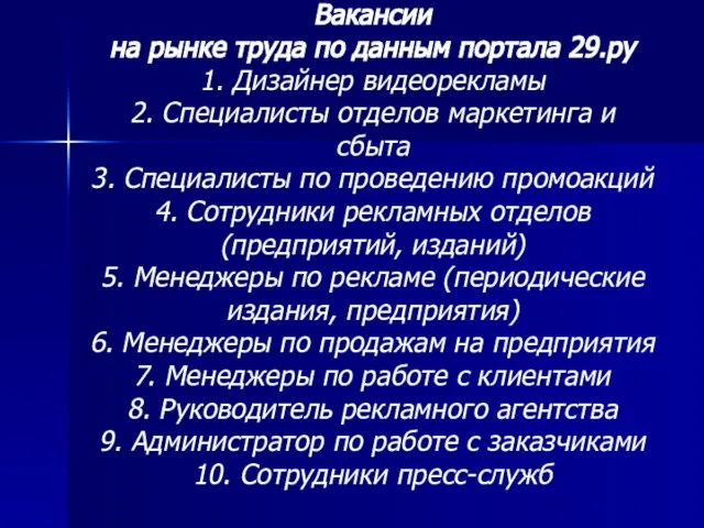 Вакансии на рынке труда по данным портала 29.ру 1. Дизайнер видеорекламы 2.