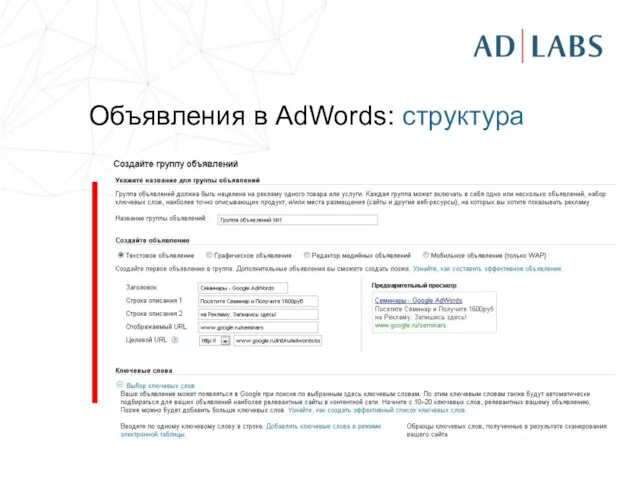 Объявления в AdWords: структура