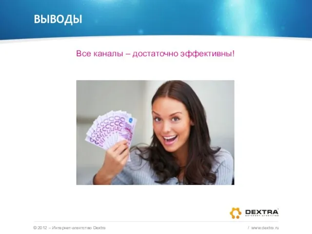 ВЫВОДЫ © 2012 – Интернет-агентство Dextra / www.dextra.ru Все каналы – достаточно эффективны!