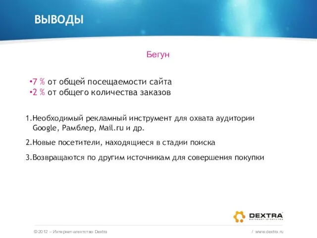 ВЫВОДЫ © 2012 – Интернет-агентство Dextra / www.dextra.ru Бегун 7 % от