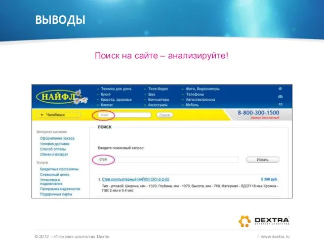 ВЫВОДЫ © 2012 – Интернет-агентство Dextra / www.dextra.ru Поиск на сайте – анализируйте!