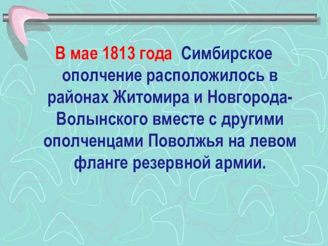 В мае 1813 года Симбирское ополчение расположилось в районах Житомира и Новгорода-Волынского