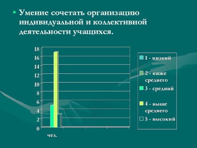 Умение сочетать организацию индивидуальной и коллективной деятельности учащихся.