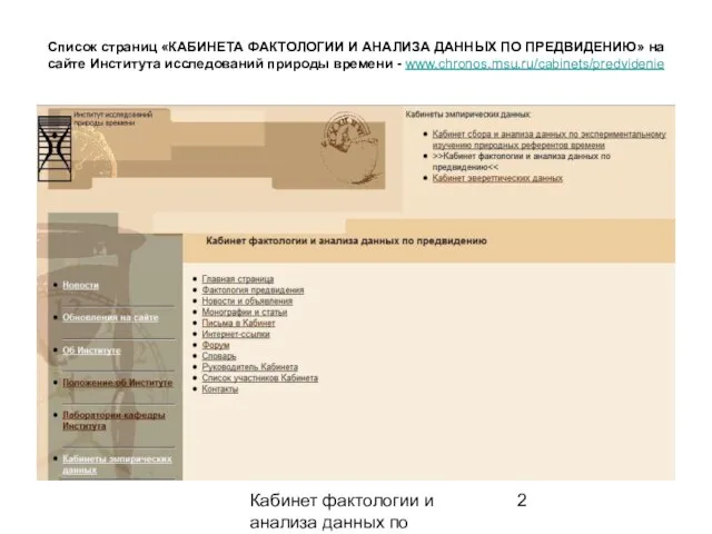 Кабинет фактологии и анализа данных по предвидению Список страниц «КАБИНЕТА ФАКТОЛОГИИ И