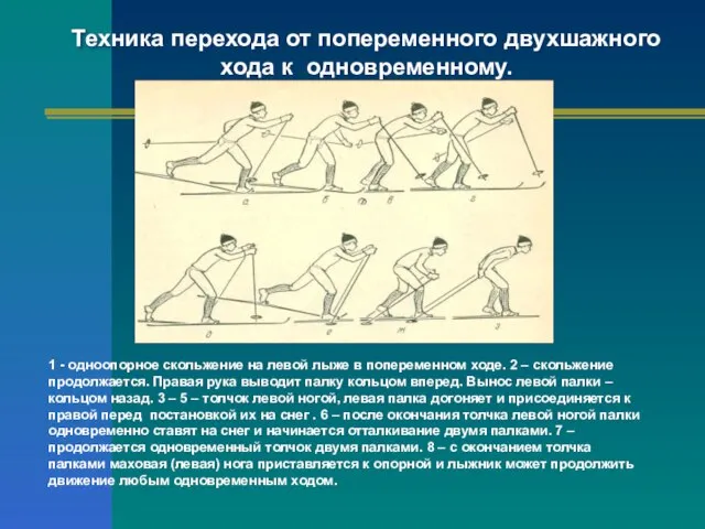 Техника перехода от попеременного двухшажного хода к одновременному. 1 - одноопорное скольжение