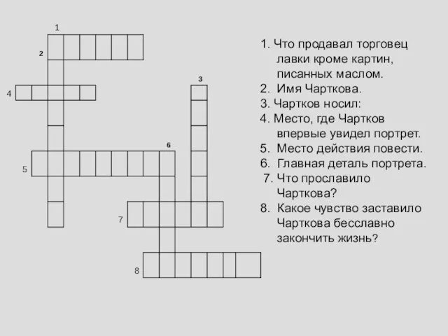 1. Что продавал торговец лавки кроме картин, писанных маслом. 2. Имя Чарткова.