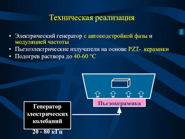 Техническая реализация Электрический генератор с автоподстройкой фазы и модуляцией частоты Пьезоэлектрические излучатели