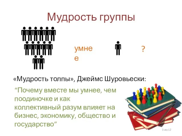 Мудрость группы из 12 умнее «Мудрость толпы», Джеймс Шуровьески: ? “Почему вместе