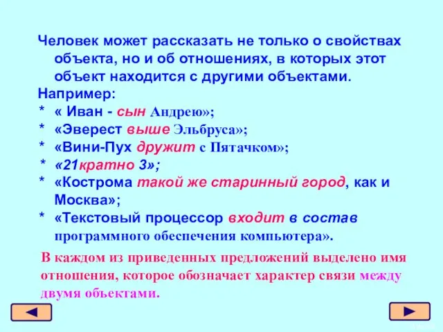 В каждом из приведенных предложений выделено имя отношения, которое обозначает характер связи между двумя объектами.