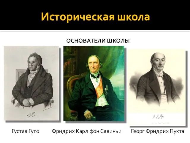 Историческая школа ОСНОВАТЕЛИ ШКОЛЫ Густав Гуго Фридрих Карл фон Савиньи Георг Фридрих Пухта