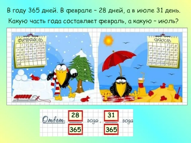 В году 365 дней. В феврале – 28 дней, а в июле