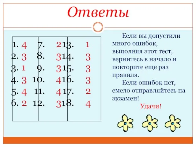 Ответы Если вы допустили много ошибок, выполняя этот тест, вернитесь в начало