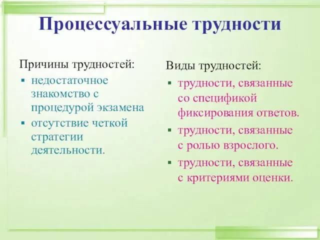 Процессуальные трудности Причины трудностей: недостаточное знакомство с процедурой экзамена отсутствие четкой стратегии