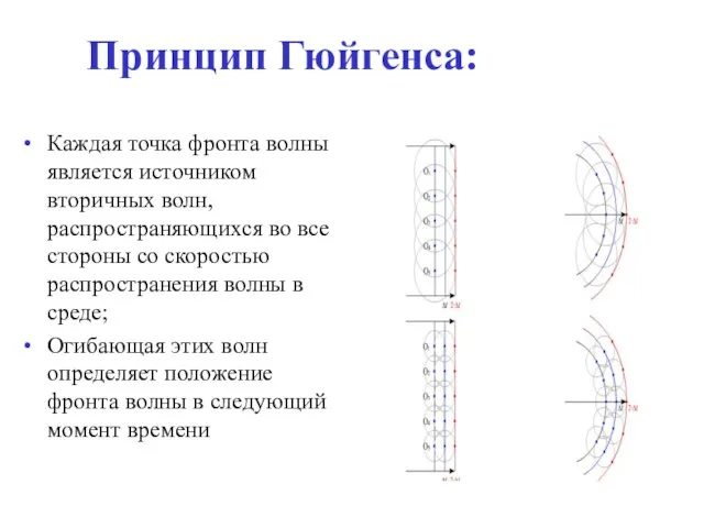 Принцип Гюйгенса: Каждая точка фронта волны является источником вторичных волн, распространяющихся во